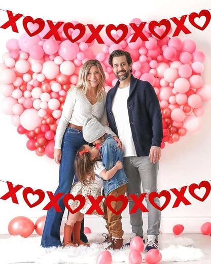 LHOAVWE 4 Pack Felt Red & Pink XOXO Heart Garland Banners, Valentines Day & Wedding Decorations, 3m/10ft Each, 5XO per Garland, Includes Ribbon Roll