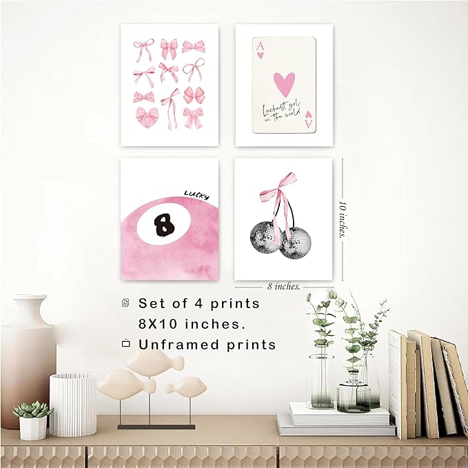 Pink Coquette Trendy Preppy Wall Art Prints Set of 4, Coquette Room Decor, Preppy Room Decor Aesthetic, Pink Bow Disco 8 Ball Cherry Wall Decor Posters for Girls Bedroom Dorm, 8x10 Unframed