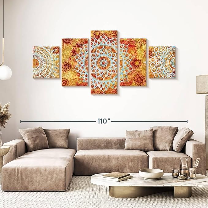 ElephantStock - Sun Like Mandala Symbols Wall Art - Horizontal Multi Panel Canvas - 5 Piece Living Room Wall Decor - Digital Art Elements Multi Piece Wall Art - Orange And Blue Decor - 92" x 42"