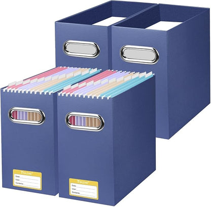 BALEINE File Organizer Box, Cardboard File Folder Organizer with Handle for Letter Size, Portable Collapsible Hanging Filing Box for Home Office Document Storage (4 Pack, Navy)