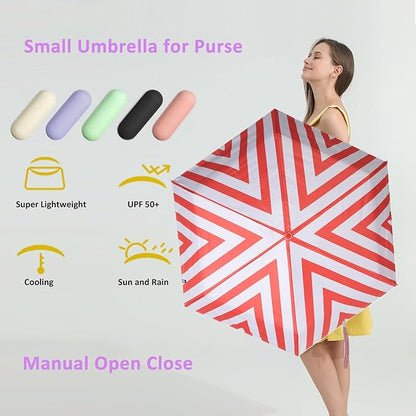 BAODINI Travel Essentials Mini Umbrella for Purse With Case Small Compact UV Sun Protection Lightweight Tiny Pocket Manual Open Close Umbrella for Women Kids and Men Fits Purse Backpack