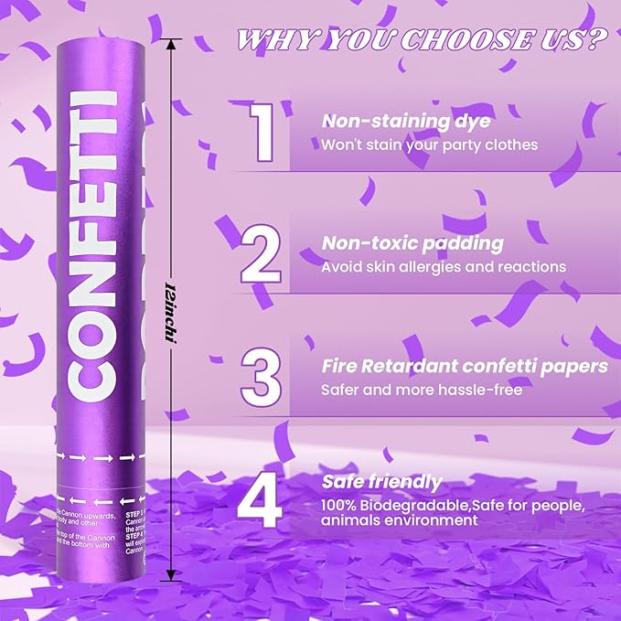 Confetti Cannon 12Pack Purple Biodegradable Cannon Poopers 12Inch Purple Party Poppers Confetti Cannon for Celebrate Wedding Birthday Graduation Baby Shower Christmas New Year