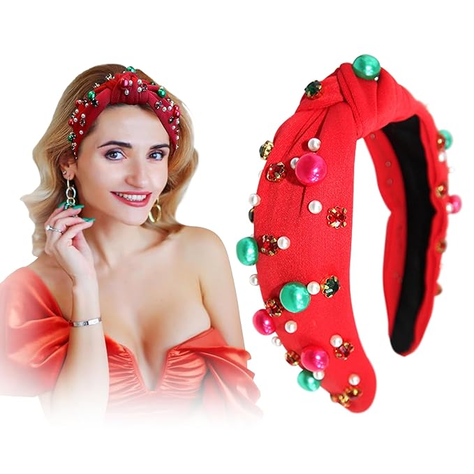 Christmas Headbands for Women, Beaded Pearl Rhinestone Crystal Jeweled Hairband, Festive Headbands for Women, Pearl Hair Accessory, Fashion Elegant Ladies Wide Top Knot Hair Bands. (Red, Medium)