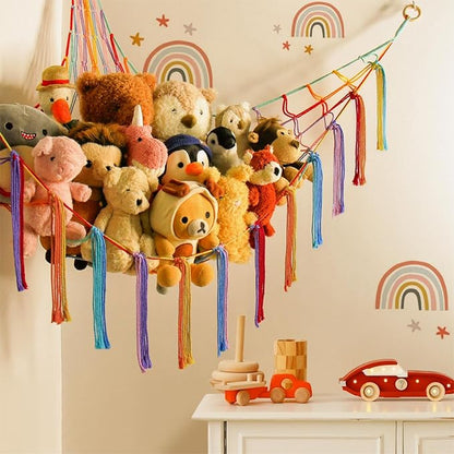 Stuffed Animal Hammock Corner Storage Net Cute Preppy Trendy Stuff Gifts for Teen Girls Baby Room Wall Nursery Decor Rainbow Color Colorful Unicorn Hanging Organizers XL Large