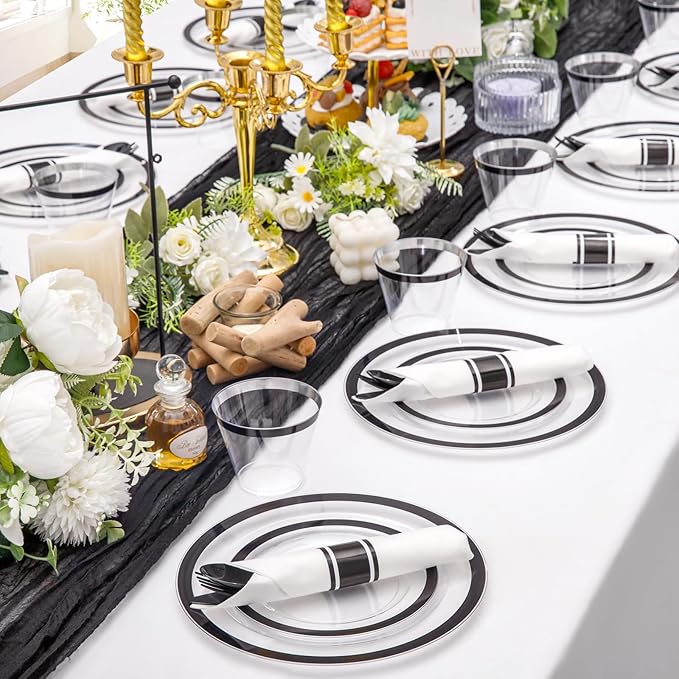 Liacere 350PCS - Clear Plates with Black Rim for 50Guests Dinnerware Include 100 Clear Plates disposable 150 Black Silverware 50 Napkins for Party&New Year