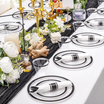 Liacere 350PCS - Clear Plates with Black Rim for 50Guests Dinnerware Include 100 Clear Plates disposable 150 Black Silverware 50 Napkins for Party&New Year