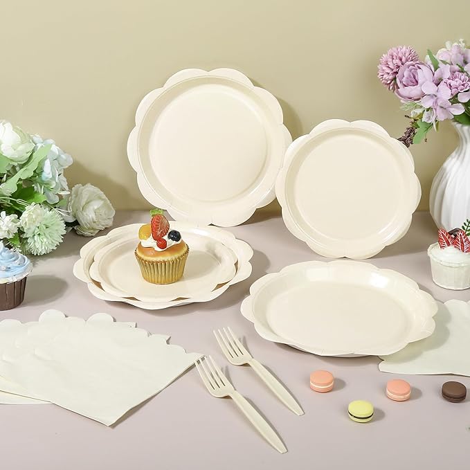 96 Pcs Ivory Paper Plates and Napkins Set Party Supplies, Tableware set for 24 Guest include Disposable Ivory Scalloped Plates, Napkins and Forks for Baby Shower Bridal Shower Wedding