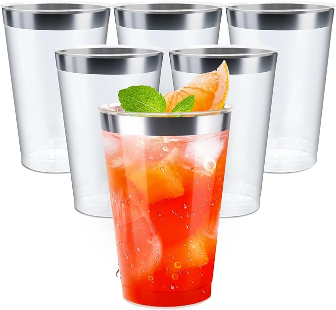 200 Pack 12oz Silver Plastic Cups with Rimmed Edges - Disposable, Recyclable, BPA Free, Food Safe, Modern Style, Perfect for Parties, Weddings, Birthdays, Festivals, 12oz Capacity Each
