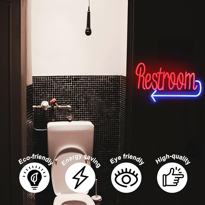 Restroom Neon Sign Toilet Neon Signs for Wall Decor Washroom with Arrow Neon Light Red Blue Bathroom Neon Wall Light Up Signs for WC Bar Restaurant Hotel Shop Decor USB Powered