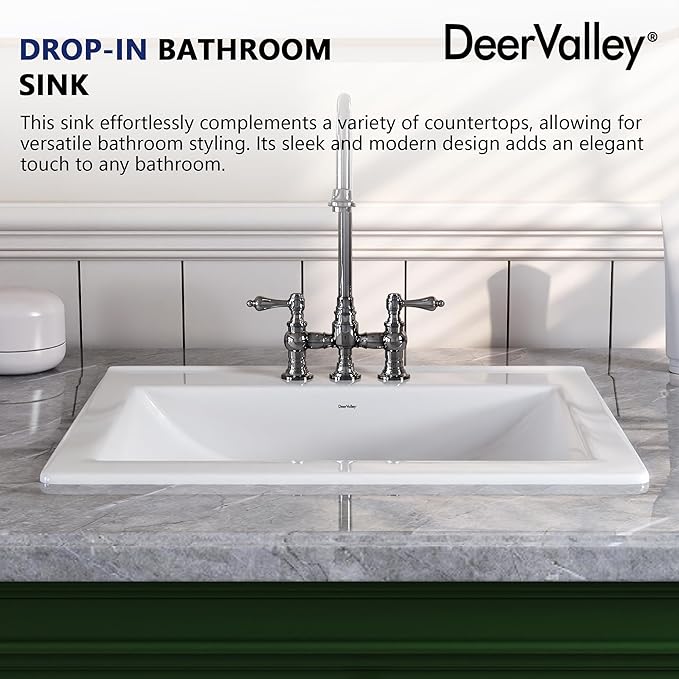 DeerValley 21x18 Inch Rectangular Ceramic Drop-in Bathroom Sink, Under Counter Vessel Sink with Overflow, White Vanity Basin, DV-1DS0122