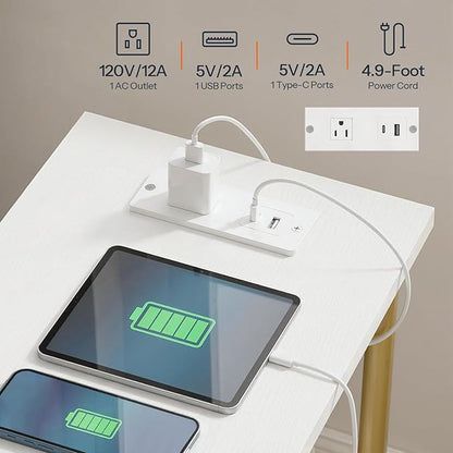 HOOBRO Side Table with Charging Station, End Table with USB Port and Outlet, Nightstand with 2-Layer Storage Shelves for Small Spaces, Living Room, Bedroom, Stable Frame, White and Gold DW09UBZ01
