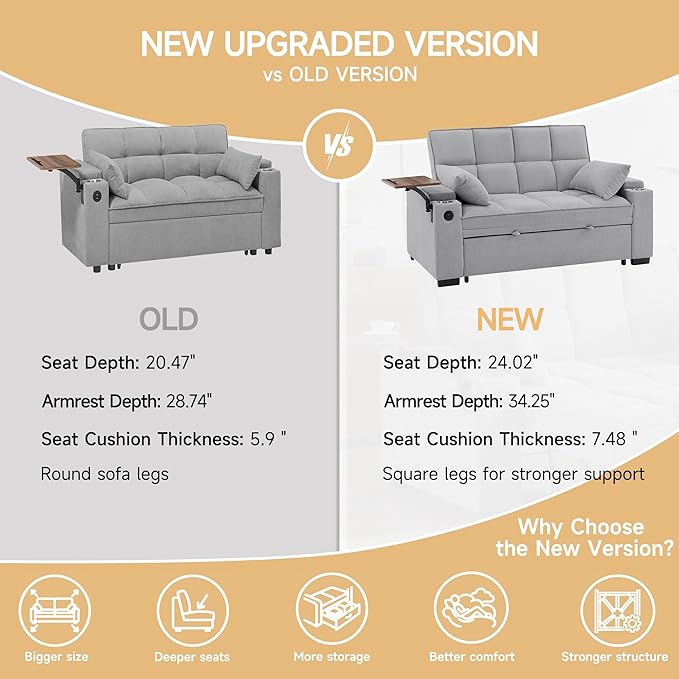 66" Multi-Functional Pull-Out Sofa Bed with Hidden Side Table, Storage Armrests, Built-in Charging Port, Spring Mattress, Solid Wood Frame – Ideal for Small Spaces, Easy Assembly