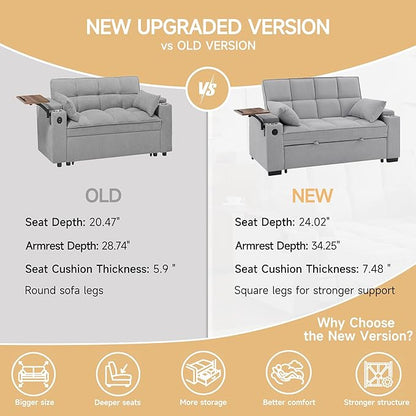66" Multi-Functional Pull-Out Sofa Bed with Hidden Side Table, Storage Armrests, Built-in Charging Port, Spring Mattress, Solid Wood Frame – Ideal for Small Spaces, Easy Assembly