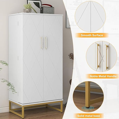 51” Kitchen Pantry Storage Cabinet, White Freestanding Pantry Cabinets with Doors and Adjustable Shelves, Buffet Cupboards Storage Cabinet for Home Office Use, Dinning Room(White + Gold)