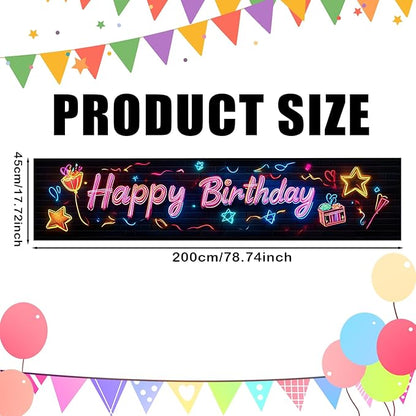 Nuxovilar Happy Birthday Banner Decorations 17.72x78.74 Inch Neon Gift Theme - Polyester for Indoor Outdoor Birthday Party Decor