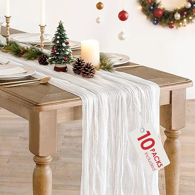 10 Pack White Christmas Table Runner 10FT Long Boho Gauze Table Runner Rustic Sheer White Cheesecloth Runner for Wedding Bridal Baby Shower Birthday Party Thanksgiving Christmas Table Decor