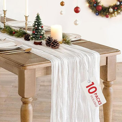 10 Pack White Christmas Table Runner 10FT Long Boho Gauze Table Runner Rustic Sheer White Cheesecloth Runner for Wedding Bridal Baby Shower Birthday Party Thanksgiving Christmas Table Decor