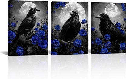 LevvArts Crow Canvas Wall Art Gothic Crow with Rose Painting Spooky Pictures Bathroom Bedroom Wall Decor (Blue)