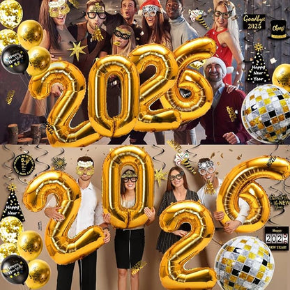 MOVINPE New Years Eve Party Decorations 2026 Black Gold, Happy New Year Party Supplies, Banner Pompoms Number Balloon Fringe Curtain Photo Booth Props Hanging Swirl Squawkers Blowouts