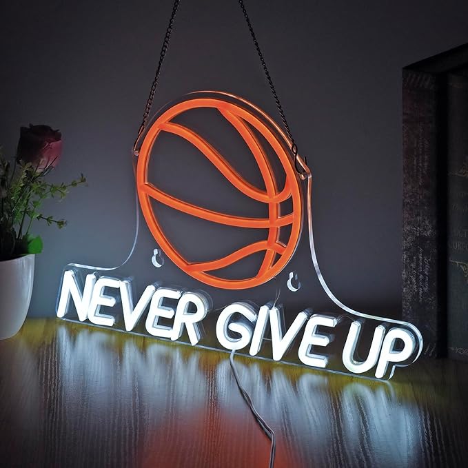 Never Give Up Basketball Neon Signs for Wall Decor,Dimmable LED Neon Light for Room Decor,Boys,Men,17x10.2 inch,5V USB Powered, Sports Neon Signs for Bedroom Classroom ManCave Bar