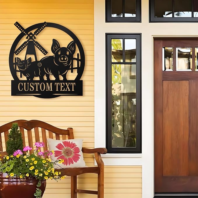 Custom Sign with Pig & Windmill - Custom Metal Sign, Pig Farm Sign, Rustic Pig Pens Farmhouse Decor Outdoor Decor, Gift for Mother's Day, Mom, Farmers, Grandma, Animal Lovers, Garden or Barn Decor