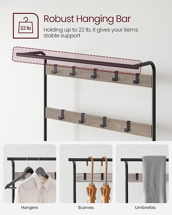 VASAGLE Coat Rack, Hall Tree with Shoe Bench for Entryway, Entryway Bench with Coat Rack, 4-in-1, with 9 Removable Hooks, a Hanging Rod, 13.3 x 33.1 x 72.1 Inches, Greige and Black UHSR400B02