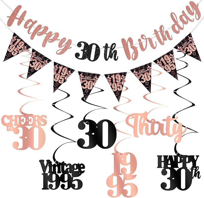 30th Birthday Decorations for Her, Black Rose Gold Happy 30th Birthday Banner Hanging Swirls Vintage 1995 Decorations Kit for Women Cheers to 30 Party Supplies