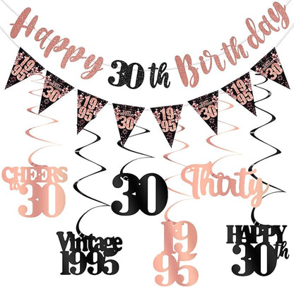 30th Birthday Decorations for Her, Black Rose Gold Happy 30th Birthday Banner Hanging Swirls Vintage 1995 Decorations Kit for Women Cheers to 30 Party Supplies