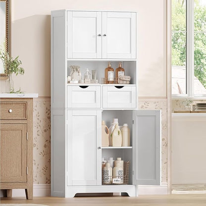 Iwell Tall Storage Cabinet with Adjustable Shelf & 2 Drawers, Kitchen Pantry Cabinet, Pantry Cabinets with 4 Doors, Tall Cabinets for Living Room, Kitchen, Bathroom, White