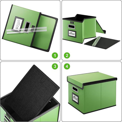 Huolewa Portable Leather File Organizer Storage Boxes, Collapsible File Folder Organizer Boxes with Lids, Document Organizer, Decorative Filing Box Cabinet for Letter/Legal File Folder Storage