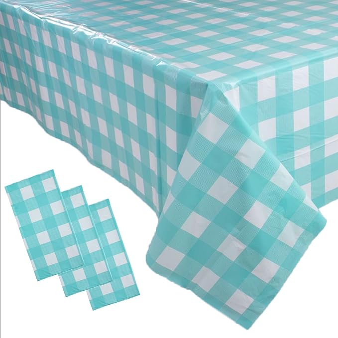 3 Packs Aqua and White Checkered Tablecloth 54x108 Inches Rectangle Gingham Tablecloth Disposable Plastic Waterproof Table Cover for Outdoor Picnic Kitchen and Birthday Party