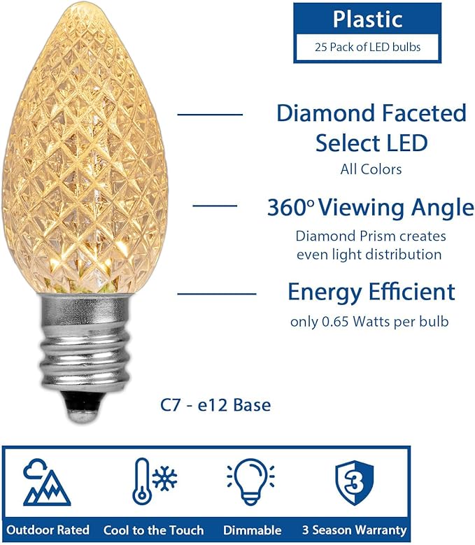 Novelty Lights 20CT Case (500 Bulbs) C7 LED Faceted Ultra Bright Dimmable Outdoor Christmas Light Replacement Bulbs LED Replacement Bulbs, LED Bulbs, String Light Bulbs (Sun Warm White 2200K)