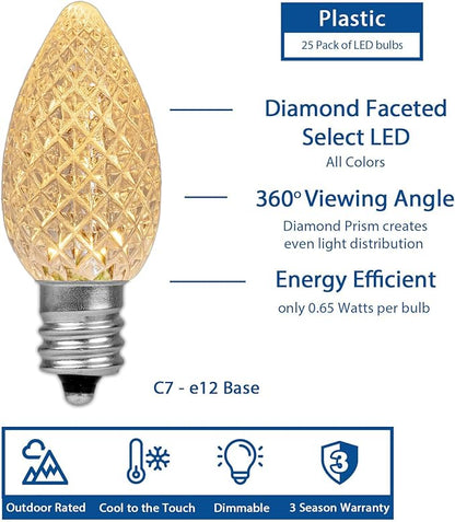 Novelty Lights 25PK C7 LED Faceted Ultra Bright Dimmable Outdoor Christmas Light Replacement Bulbs, String Light Bulbs (Warm White 2700K)