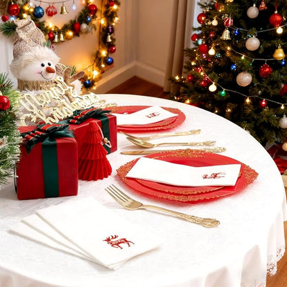 50 Pack Christmas Deer Paper Napkins - Christmas Red Dinner Napkins - Cloth-like Disposable Hand Towels for Xmas Holiday Table Bathroom Decor Party