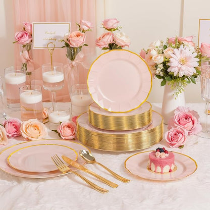 EI 150pcs Pink Plastic Plates with Gold Plastic Silverware,Pink Party Plates,Heavy Duty Plate Disposable,Gold Dinnerware Set for Birthday, Afternoon Tea,Wedding