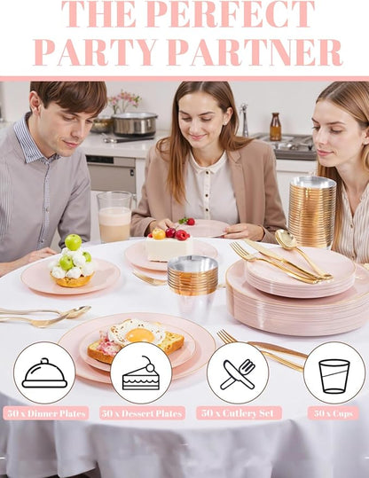 WDF 300Pcs Pink Plates Disposable - Pink and Gold Plastic Dinnerware Set for 50 Guests Include 50 Dinner & Cake Plates, 50 Disposable Cutlery, 50 9oz Cups for Wedding & Party & Baby Shower