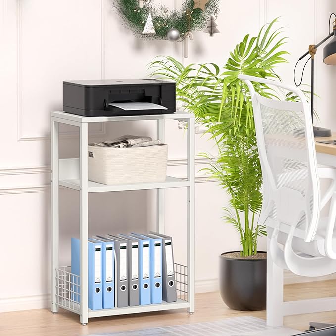 LELELINKY White Side Table,Small Printer Stand with Storage Shelf,3 Tier Industrial Bedside Tables,Vinyl Record Player Stand,Modern Sofa Night Stands for Living Room Bedroom Office Small Spaces