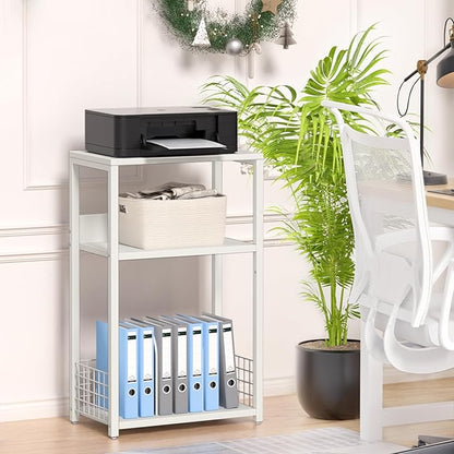 LELELINKY White Side Table,Small Printer Stand with Storage Shelf,3 Tier Industrial Bedside Tables,Vinyl Record Player Stand,Modern Sofa Night Stands for Living Room Bedroom Office Small Spaces