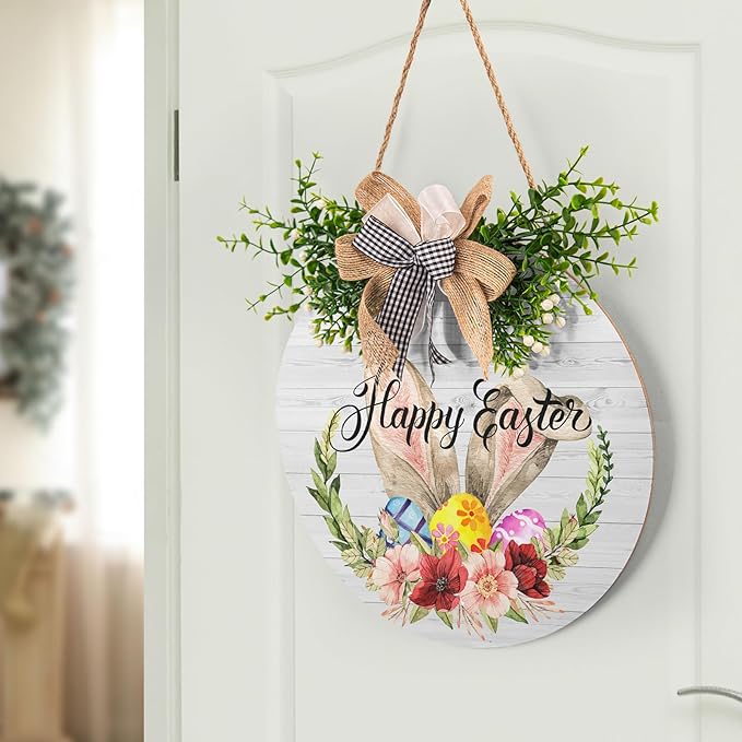 Harooni Easter Sign 12x12 Inch Wooden Hanging Sign Cute Easter Bunny Welcome Wreaths for Front Door Indoor Outdoor