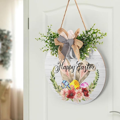 Harooni Easter Sign 12x12 Inch Wooden Hanging Sign Cute Easter Bunny Welcome Wreaths for Front Door Indoor Outdoor