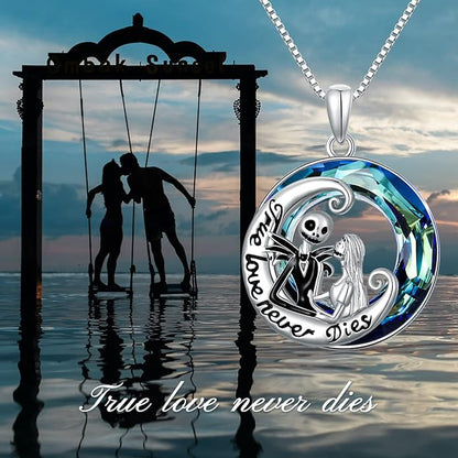 LILALO Christmas Gifts Nightmare Necklace Sterling Silver Abalone Shell Crystal Jack and Sally Necklace Jack Skellington Skull Jewelry Skull Necklaces for Women