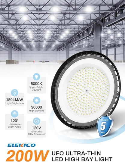 New Super Bright Ultra-Thin 200w High Bay Led Shop Lights| 30000LM 5000K UFO Led High Bay Light with 5ft Cable Hook Safe Rope| Shop&Garage Lighting Lights for Factory Workshop Warehouse Garage Barn