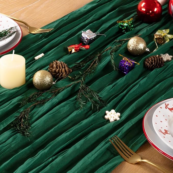 Emerald Green Cheesecloth Table Runner Christmas Green Table Runner Boho Gauze 120 Inches Cheese Cloth Table Decor for Xmas Holiday Season Parties Wedding Bridal Baby Shower Tea Party