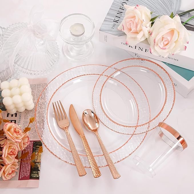 Liacere 350PCS Rose Gold Plastic Plates-Clear Rose Disposable Plates 50 Guests include 50 Dinner Plates,50 Salad Plates,50 Forks,50 Knives,50 Spoons,50 Cups,50 Napkins for Wedding&Party&Mother's Day