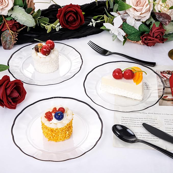 EI 150pcs Clear and Black Plastic Plates Dinnerware Disposable Party Set for 30Guests,Dinnerware Include 60 Clear Plates Disposable 90 Black Silverware,Perfect for Party,Christmas,New Year