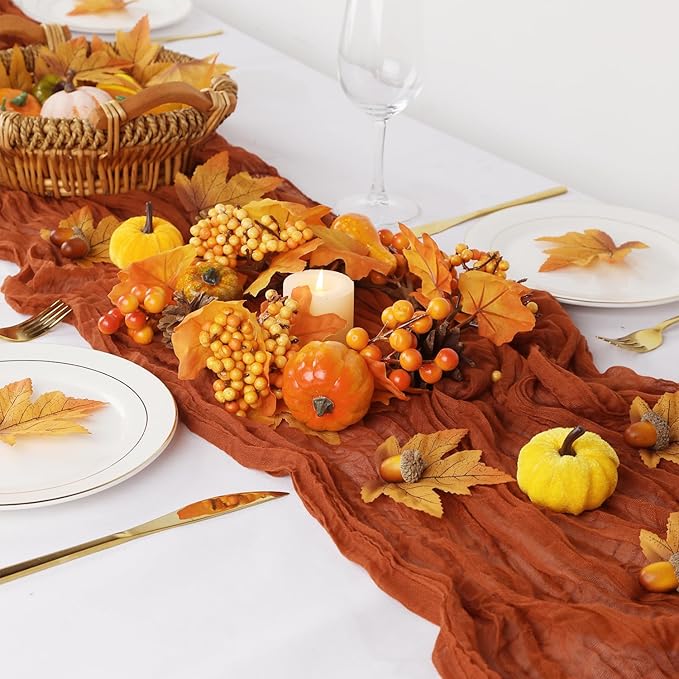 3 Pack Christmas Table Runner Terracotta Cheesecloth Table Runners Thanksgiving 10FT Rustic Burnt Orange Gauze Table Runner Cheese Cloth for Wedding Bridal Baby Shower Home Decor Holiday Decorations