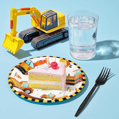 96pcs Construction Birthday Party Plates Disposable Tableware Set Paper Plates Round for 24 Guests Party Table Supplies Kids Party Picnic (Include Plates, Forks and Napkins)