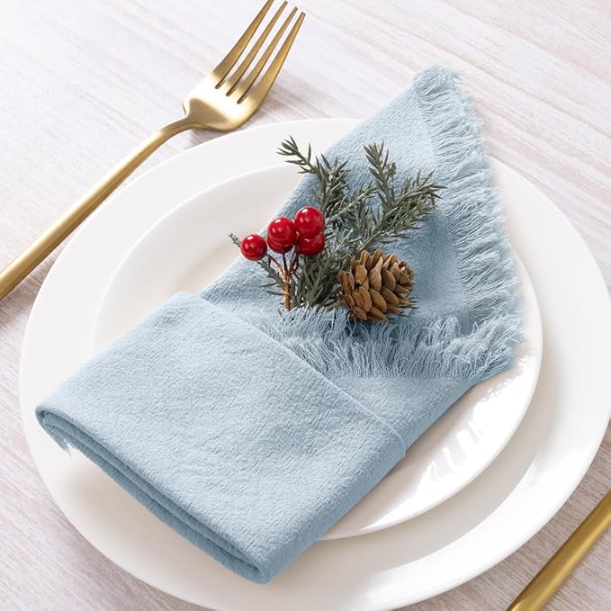 12 Pack Gray- Blue Cotton Linen Napkins with Fringe Christmas Cloth Napkins Set of 12 Boho Handmade Holiday Napkins Bulk for Wedding Baby Shower Xmas Dinner Table Parties, 17 x 17 Inches