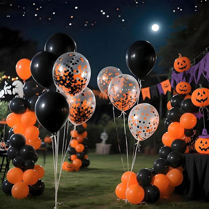 Patimate Black Orange Halloween Balloons Set, 50 pcs 12 inch Orange Black Confetti Latex Balloons Kit for Halloween Baby Shower Spooky Birthday Graduation Motorcycle Party Decorations