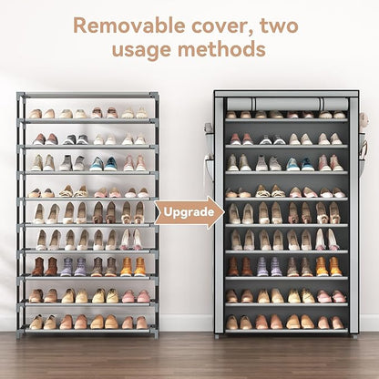 LANTEFUL Shoe Rack with Covers 10 Tier Tall Shoe Rack Organizer Large Capacity Shoe Shelf Storage 40 Pairs Space Saving Free Standing Shoe Storage Organizer for Closet, Entryway, Dorm, Grey